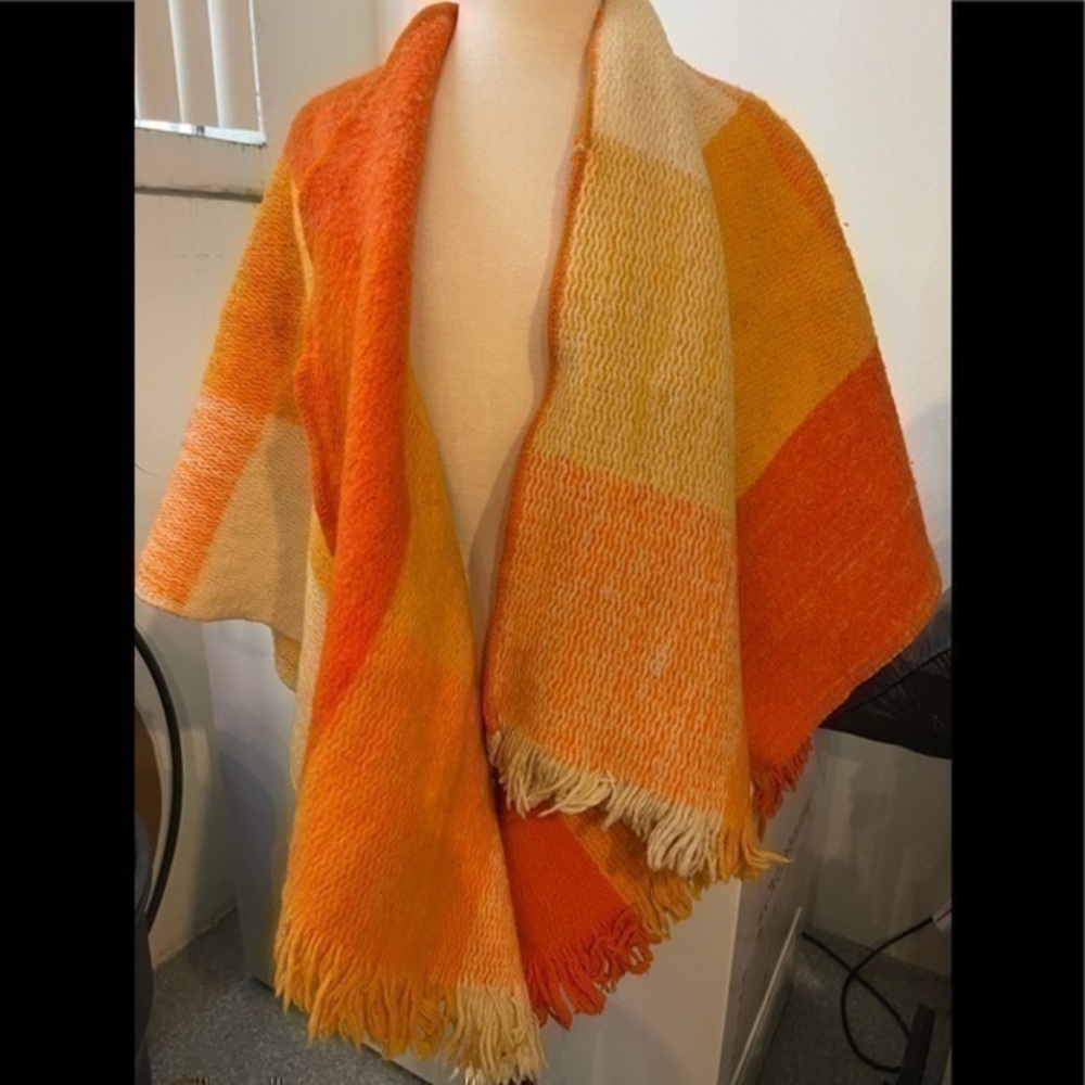 Vintage Blanket Poncho orange plaid fringe camping